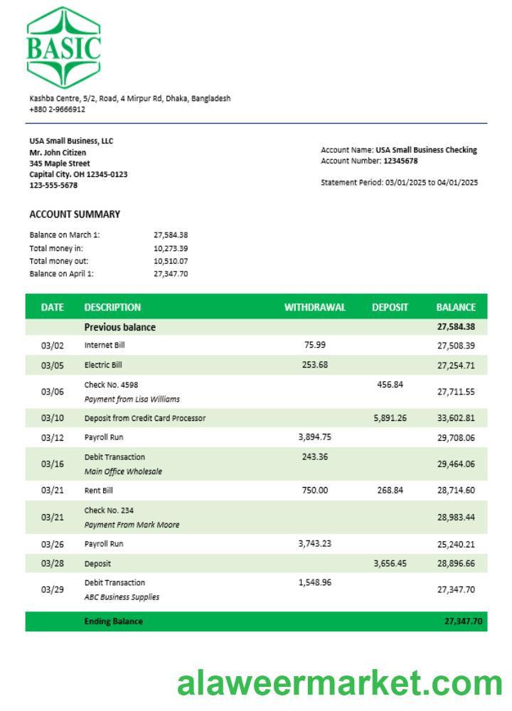 Basic Bank enterprise account statement Word and PDF template